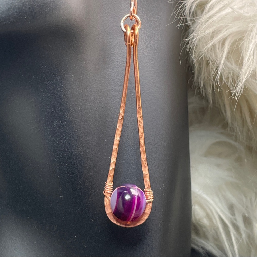 Purple Crazy Laced Agate Hammered Copper Dangle Earrings - Picture 3 of 11